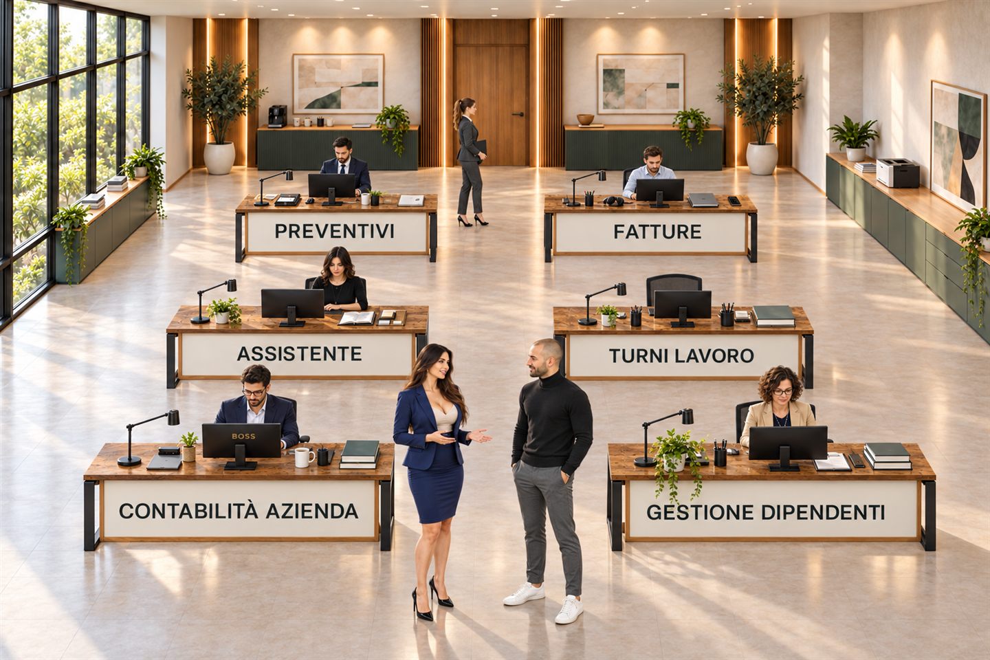 Ufficio virtuale SLIO con le scrivanie degli agenti AI